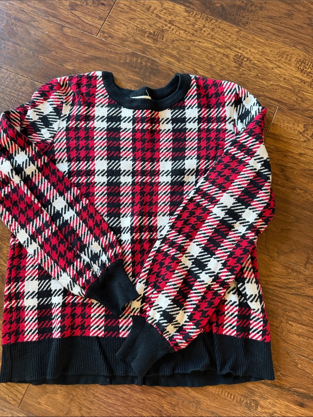 Marled Red, Black & White Plaid Crewneck Sweater